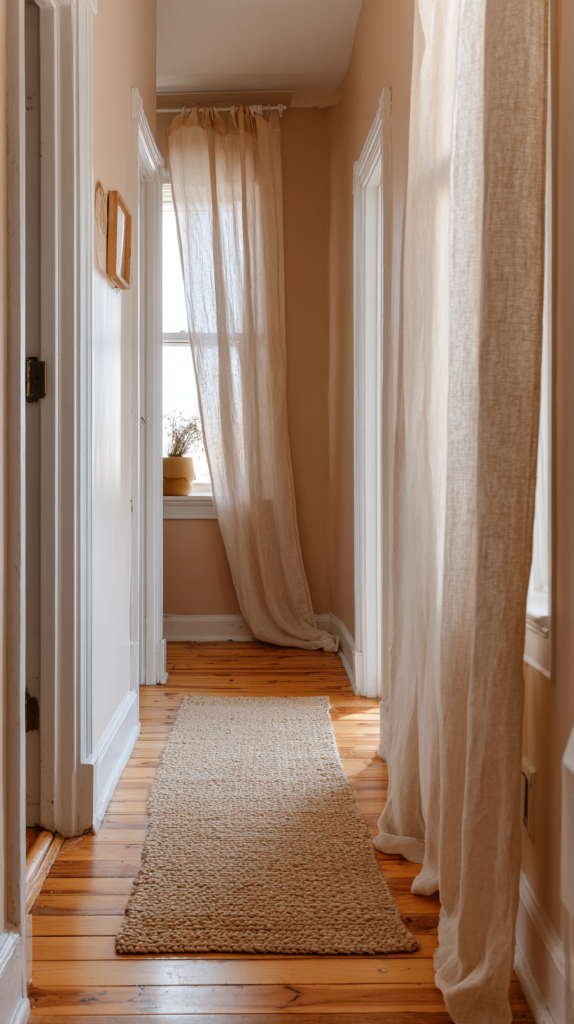 Schmaler Flur in Rosébeige mit Leinenvorhängen