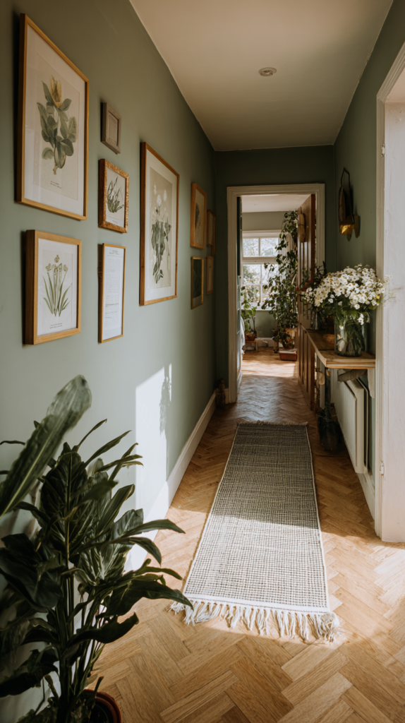  Schmaler Flur mit Salbeigrün und natürlicher Deko