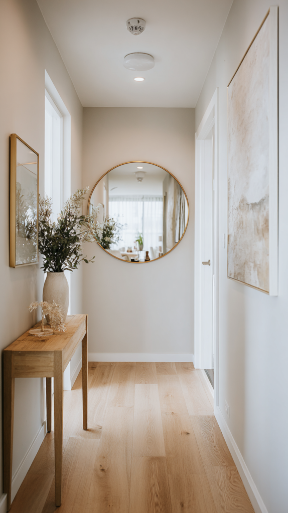  Schmaler Flur in Hellgrau mit Holzdetails und Spiegel