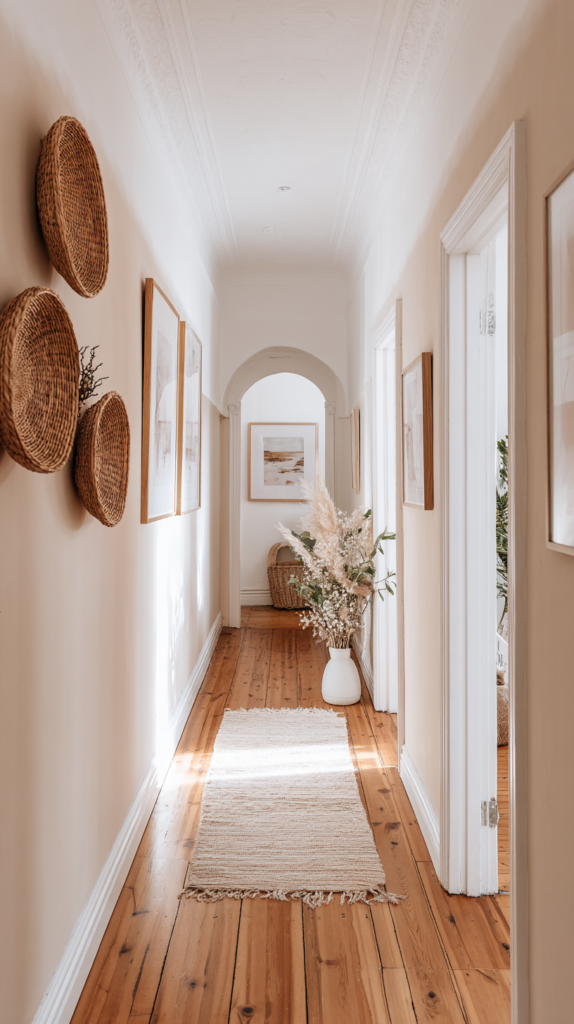 Flur mit beiger Wandfarbe und Holzboden