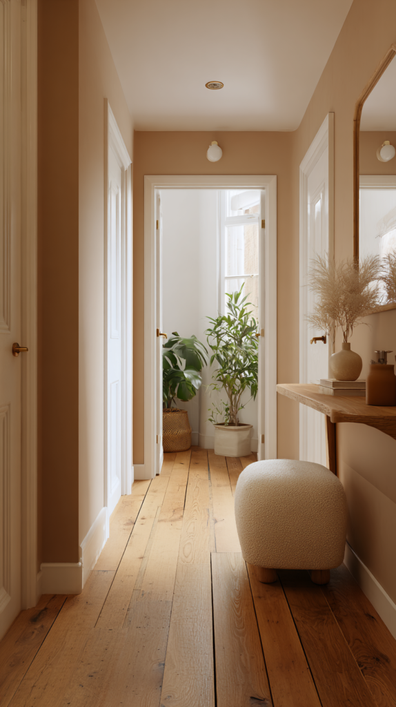  Schmaler Flur in Cappuccino mit Bouclé-Hocker und Holz