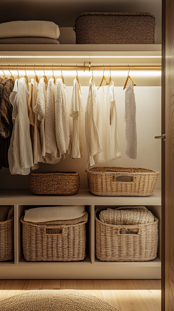 Innenraum eines umgebauten IKEA-Kleiderschranks mit Naturboxen & LED-Licht