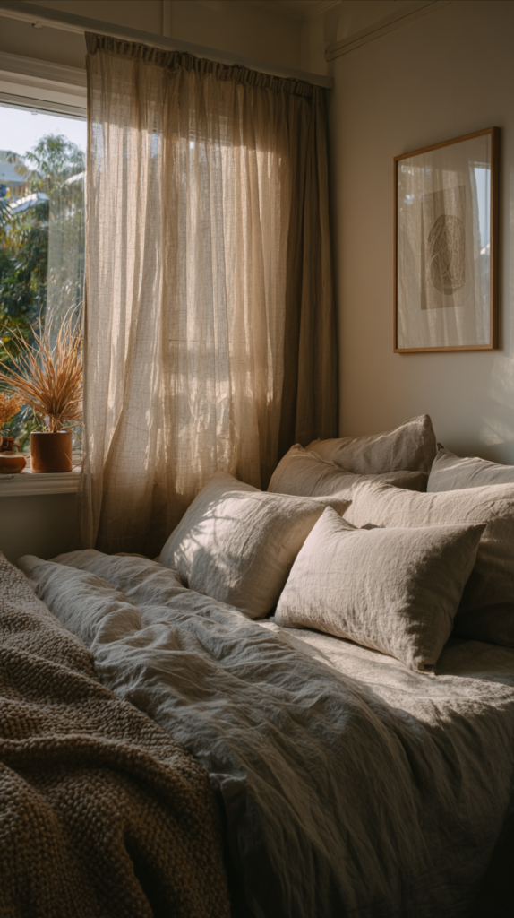 Kleines Schlafzimmer mit Bettwäsche in natürlichen Farbtönen