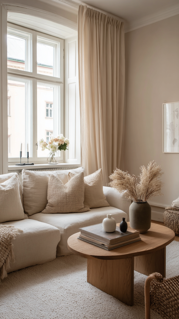 Helles Wohnzimmer mit natürlichen Farben und Materialien in kleiner Wohnung