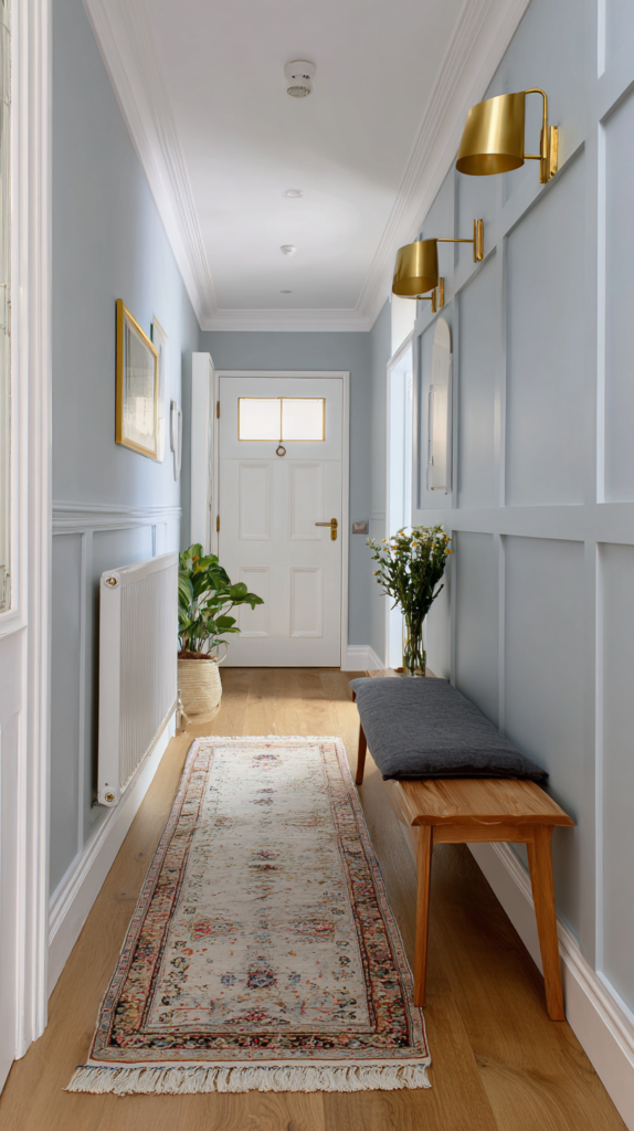  Schmaler Flur in Blaugrau mit Messing und Holz