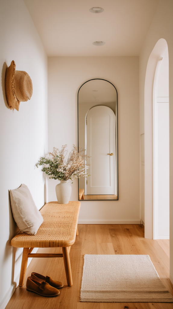 : Schmaler Flur mit cremeweißen Wänden und großem Spiegel