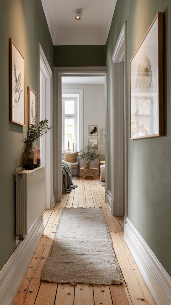 Schmaler Flur in Moosgrün mit Eichenboden und Naturdeko