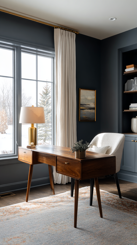 Homeoffice mit Blaugrau-Wandfarbe und Messingdetails