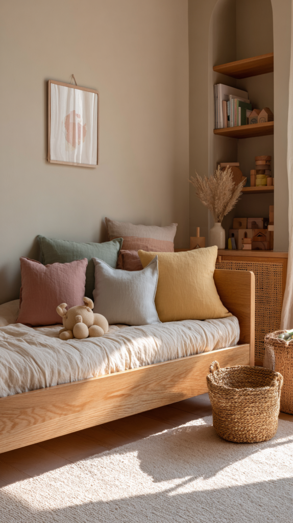 Kinderzimmer mit beiger Wandfarbe und bunten Deko-Kissen