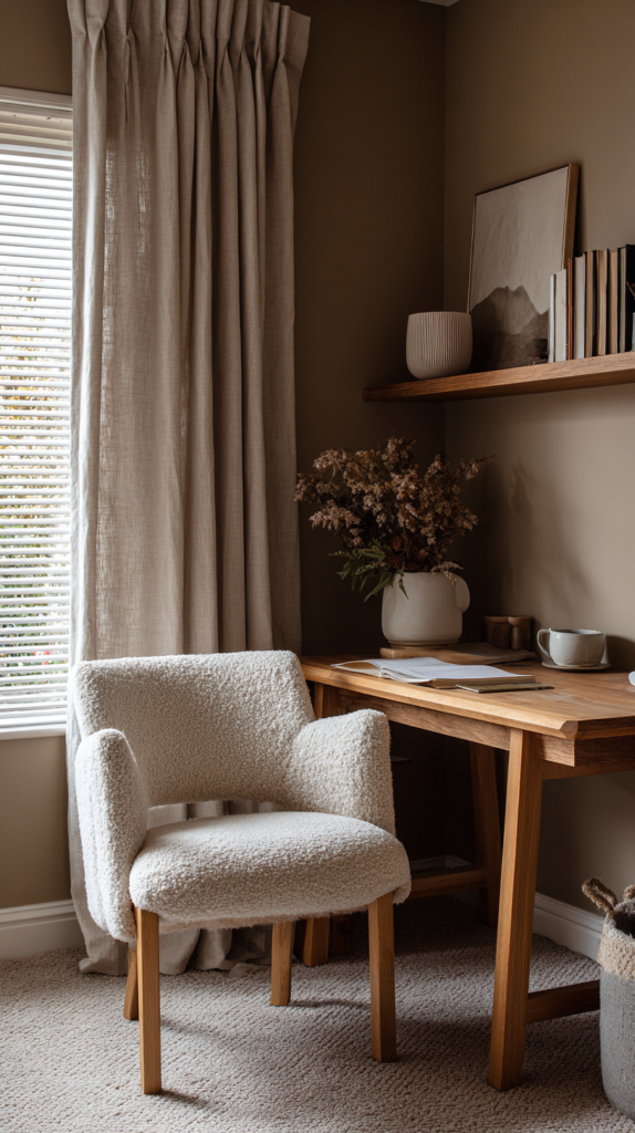 Wohnlicher Homeoffice-Bereich mit Cappuccino-Wänden und Bouclé-Sessel