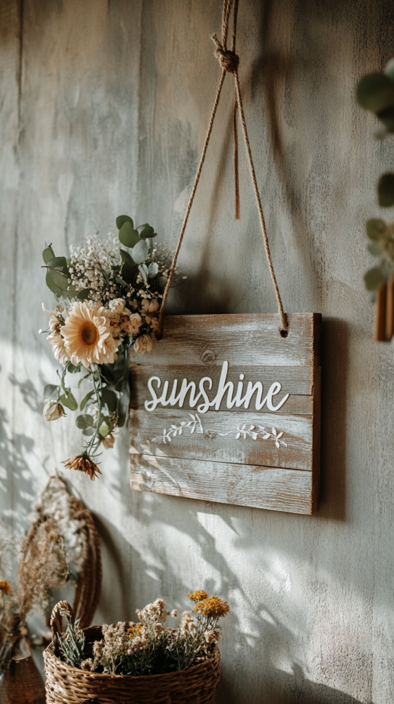 Selbstgemachtes Holzschild mit Handlettering-Schriftzug „sunshine“ und Frühlingszweigen an der Wand
