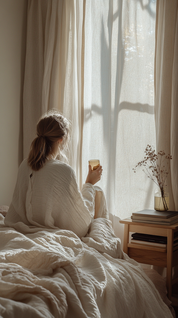Frau sitzt achtsam im Bett mit Leinenbettwäsche, warmes Morgenlicht fällt durch die Vorhänge, sie hält ein Glas Wasser – ruhiger Start in den Tag.