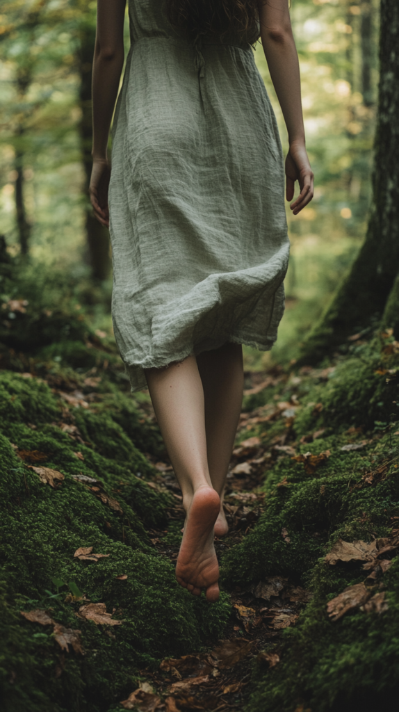 Alt-Text: Frau geht barfuß über einen moosbedeckten Waldweg – achtsames Gehen in der Natur bei sanftem Licht.