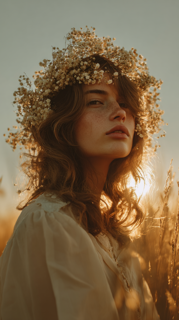 Mädchen mit lockerem Haarkranz aus Trockenblumen in Naturfarben bei Sonnenuntergang im Sommerfeld