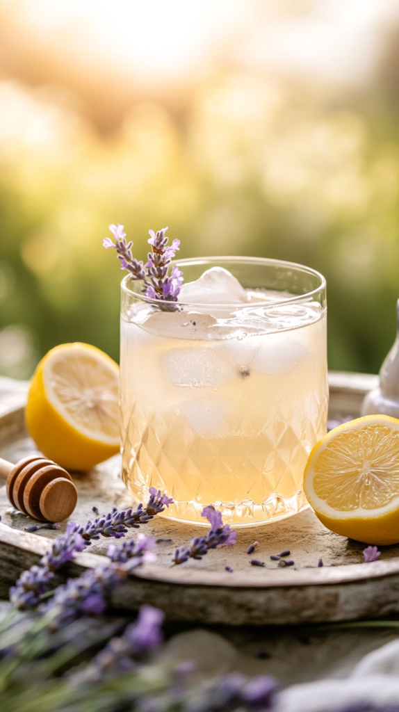 : Glas mit hellgelber Lavendel-Limo und Blüten auf einer Terrasse.