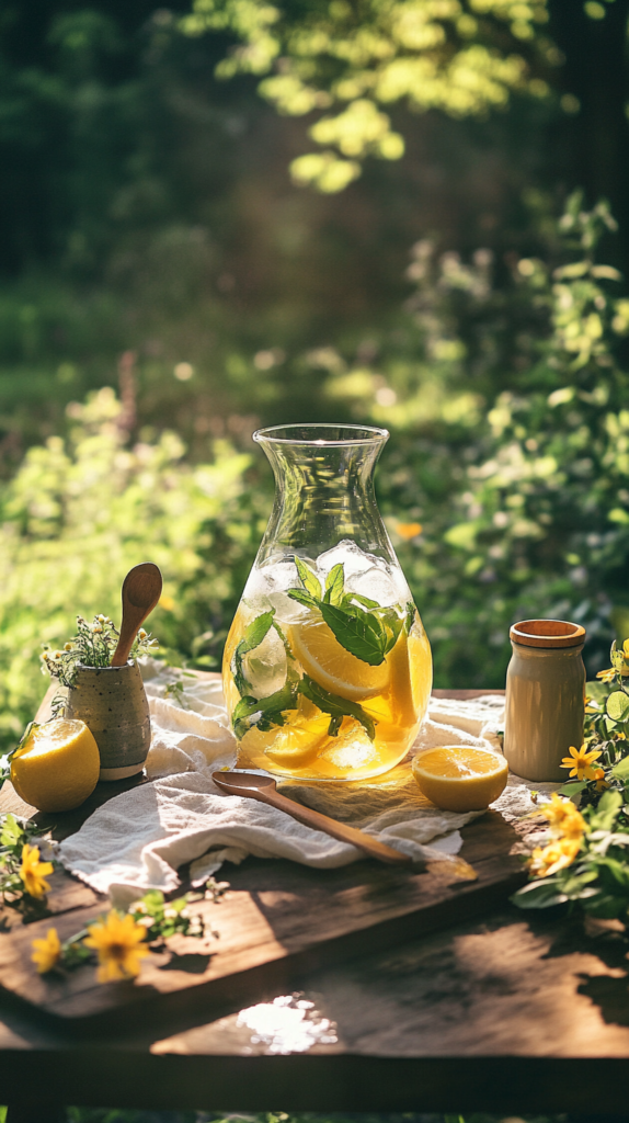 Karaffe mit Zitronenmelisse, Zitronenscheiben und Eiswürfeln auf Holztisch im Garten.