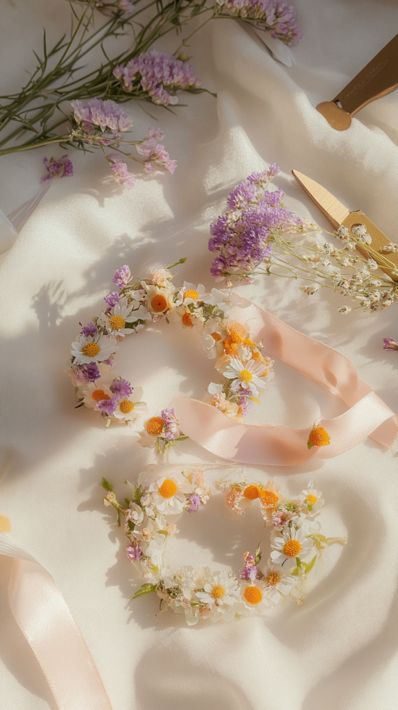 Zartes DIY-Armband aus Laminierfolie mit gepressten Sommerblüten, auf Leinenstoff mit Bastelmaterialien daneben arrangiert.
