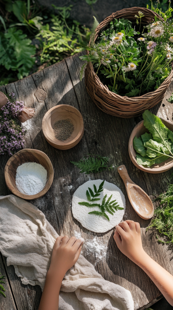 Kind drückt Sommerblätter und Blüten in weichen Salzteig auf einem Holztisch im Garten – kreative Bastelidee mit Naturmaterialien im Sommer.