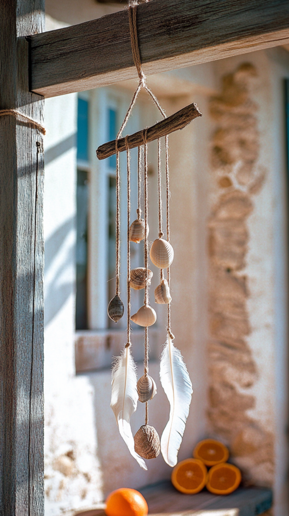 Selbstgemachtes Windspiel aus Treibholz, Muscheln und Federn hängt auf einer Veranda im Sommerwind – Naturdeko zum Selbermachen.
