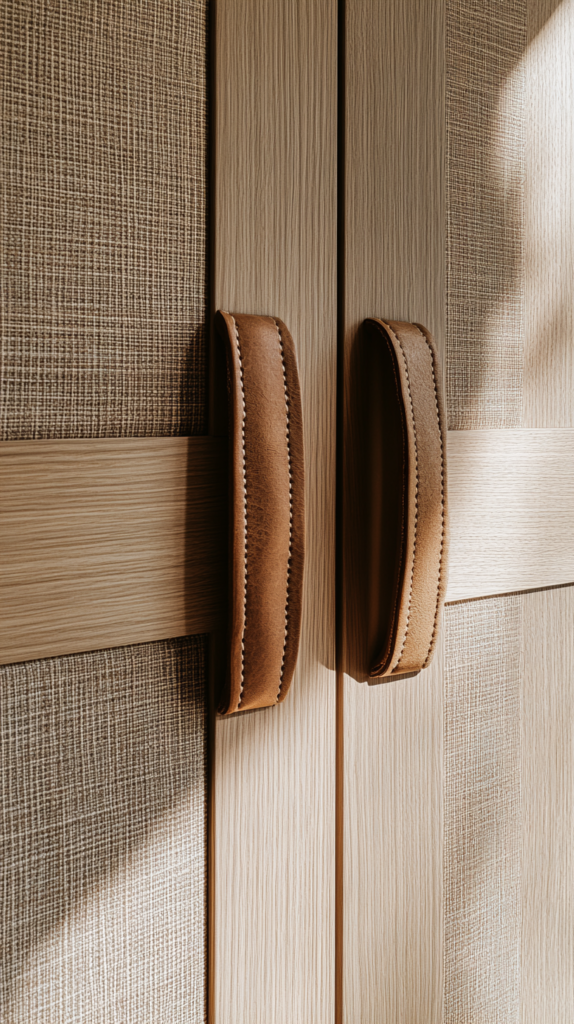 Nahaufnahme von Ledergriffen an IKEA-Schranktür mit Rattan