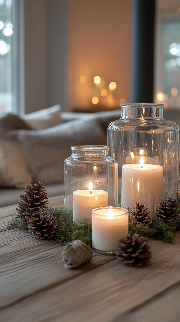 Verschiedene Glas-Windlichter mit Kerzen, Zapfen und Moos auf einem Holztisch arrangiert – stimmungsvolle Dekoidee.
