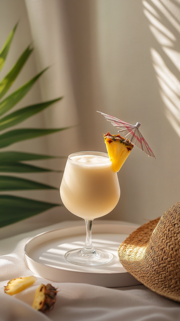 Cremiger tropischer Drink mit Ananasdeko am Glasrand.