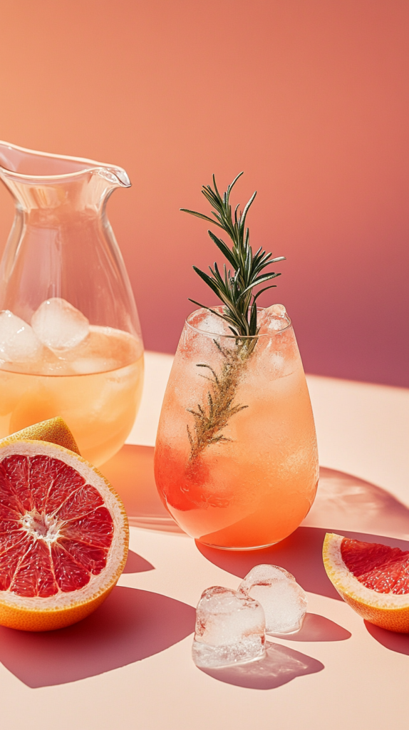 Grapefruit-Rosmarin-Drink mit Eis und Zweig im Glas.