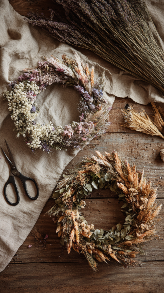 Zwei saisonale Blumenkränze nebeneinander: einer in hellen Frühlingsfarben, einer mit herbstlichen Naturtönen – auf Holzplatte präsentiert