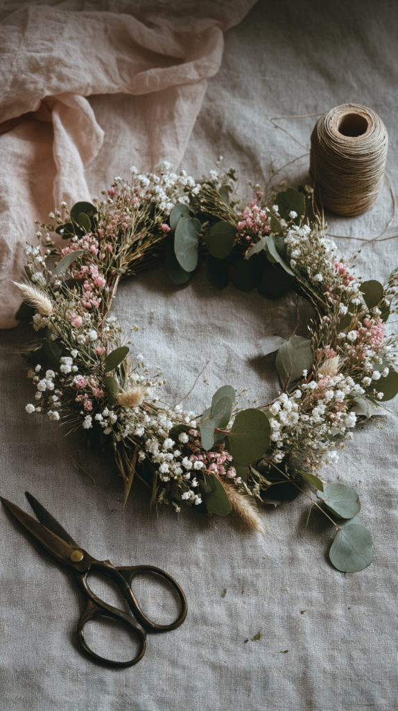 DIY-Kranz aus Trockenblumen wie Eukalyptus, Schleierkraut und Phalaris auf Holzuntergrund mit Bastelmaterialien