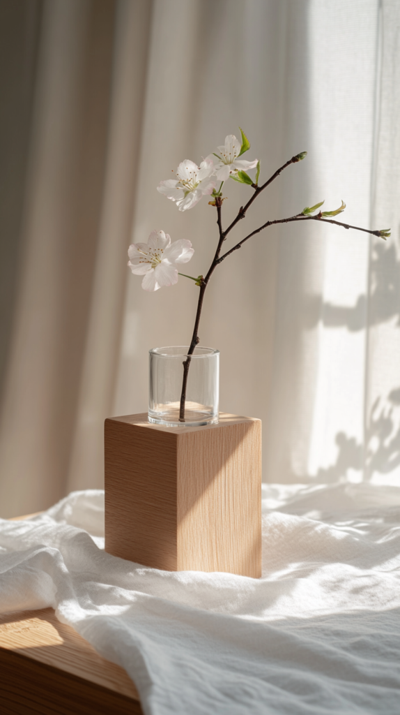 Minimalistische DIY-Vase aus Holzklotz mit eingestecktem Glasröhrchen und zartem Frühlingszweig