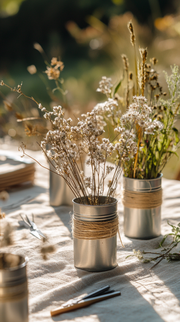 : Upcycling-Vase aus Blechdose mit Jutekordel und Wiesenblumen als nachhaltige Tischdeko für den Sommer.