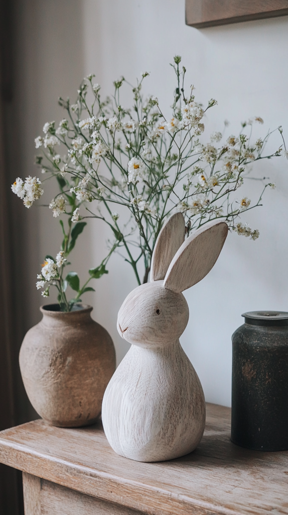 Kleiner Osterhase aus Holz mit Schleife, auf einem Frühlingsbrett dekoriert