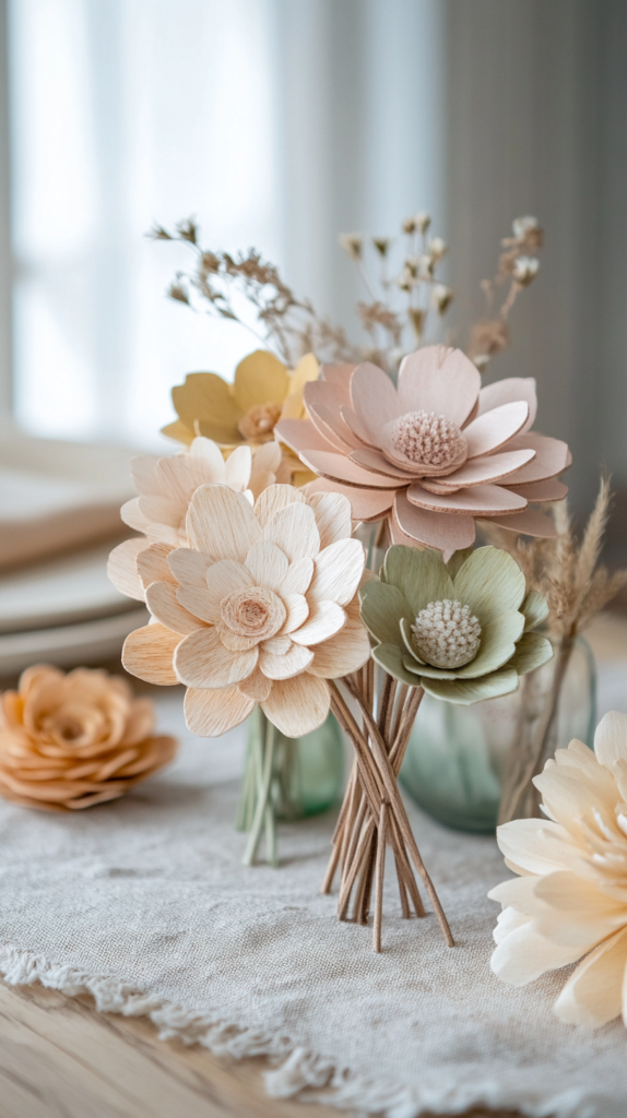 Selbstgemachte Holzblumen in Pastellfarben auf einem Holzbrett, Frühlingstisch-Deko