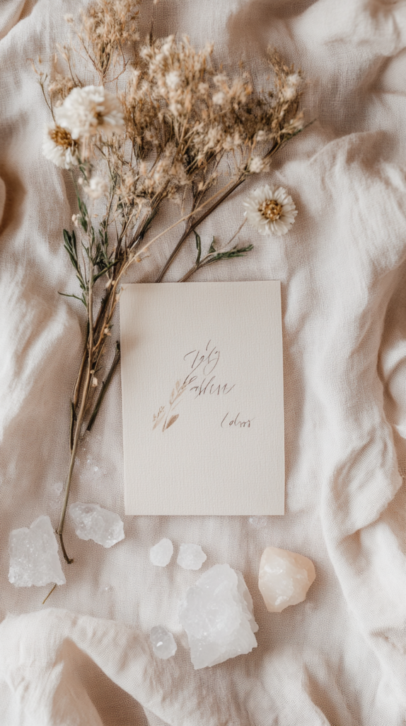 Handgeschriebene Affirmation auf Karte, mit Trockenblumen und Kristallen dekoriert – tägliche Motivation mit Achtsamkeit.