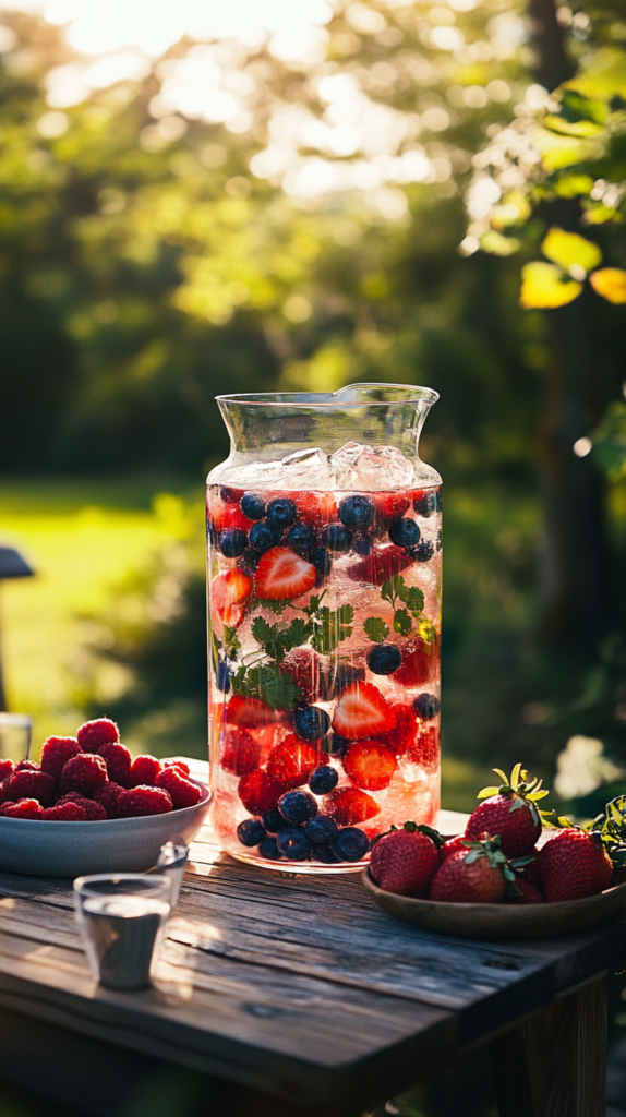 Große Sommerbowle mit Beeren, Eiswürfeln und Kräutern auf Gartentisch.
