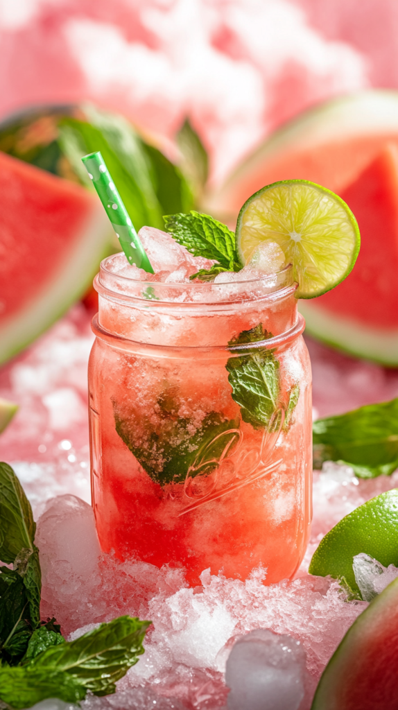 Pinker Sommerdrink aus Wassermelone mit Crushed Ice und Limette.