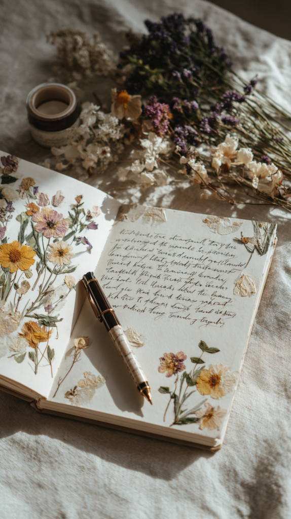 Achtsamkeits-Journal mit liebevoll gestalteten Seiten, Sprüchen und floralen Dekoelementen