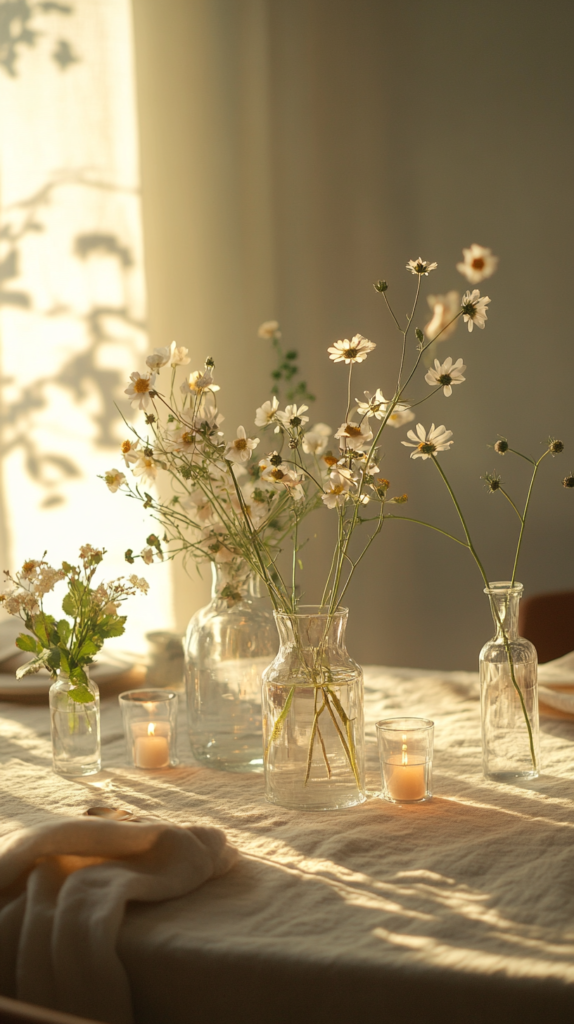 Minimalistische Tischdeko mit kleinen Glasvasen und Wildblumen, LED-Teelichter auf Leinentischdecke – natürliche Dekoidee für die Wohnung.
