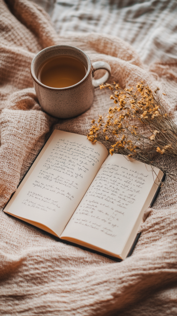 Offenes Dankbarkeitstagebuch mit handschriftlichen Notizen, daneben eine Tasse Tee und getrocknete Blumen – achtsames Journaling.