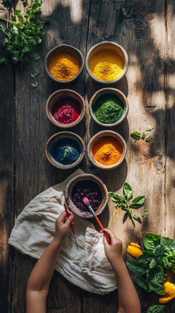 Kleine Schalen mit natürlichen Farben aus Rote Bete, Kurkuma, Blaubeeren und Spinat, daneben Pinsel und Kräuter auf Holztisch – kreative Bastelidee mit Kindern.