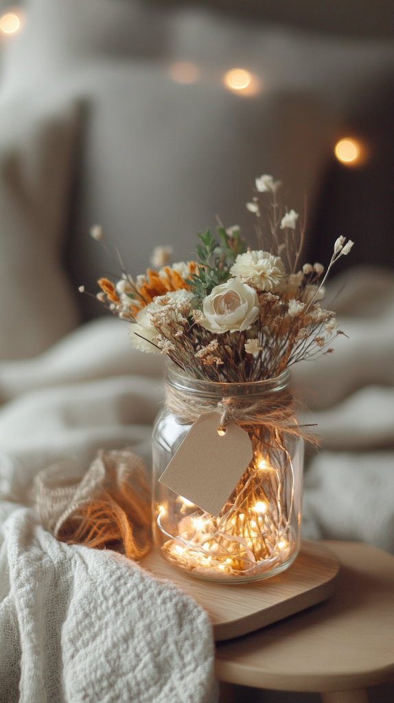 Kleines Weckglas gefüllt mit Trockenblumen und Mini-LED-Lichterkette, mit Juteband verziert – liebevolles Geschenk für die erste Wohnung.