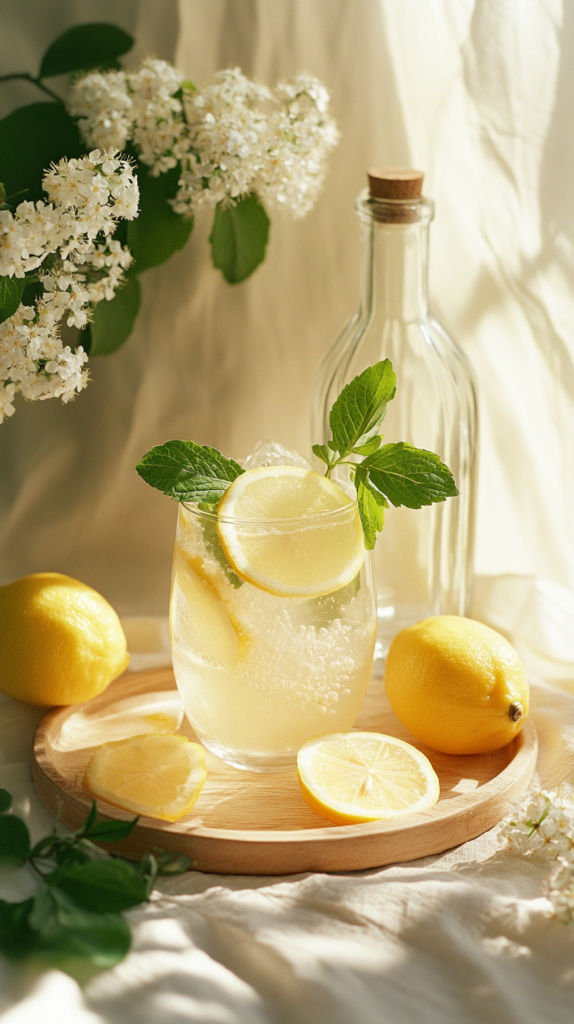 Hellgrüner Drink mit Holunder, Zitronen und Minze in Glas.