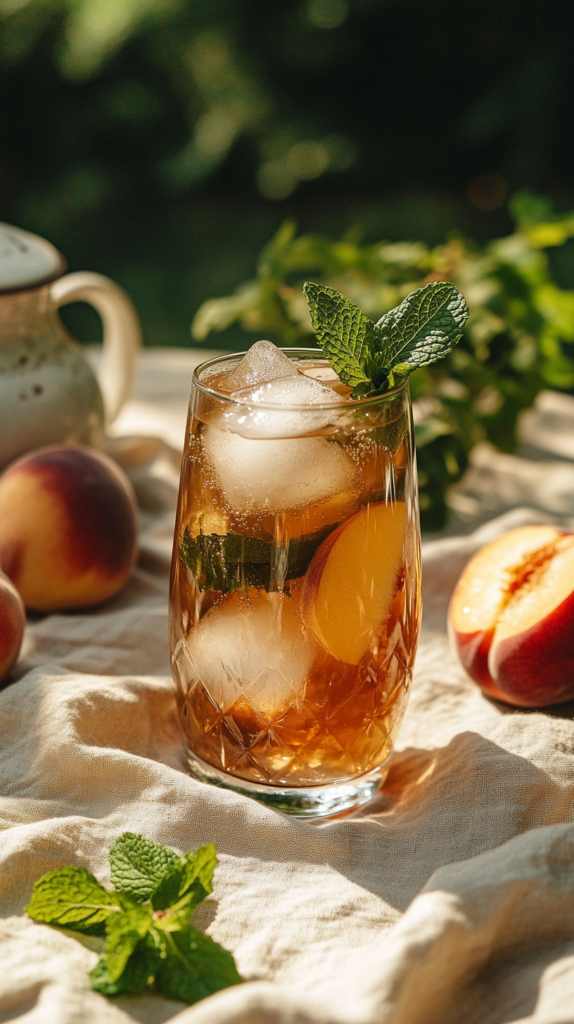 Glas mit Pfirsichscheiben, Eis und Minze auf Leinentuch im Sommerlicht.