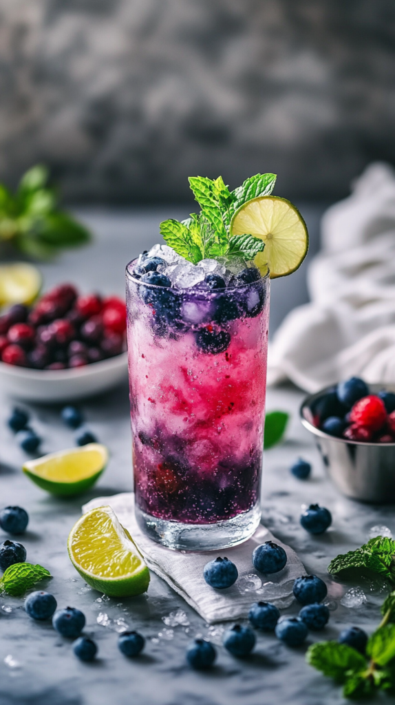 Erfrischender Drink mit Limette und Heidelbeeren in einem Glas mit Minze und Eiswürfeln.