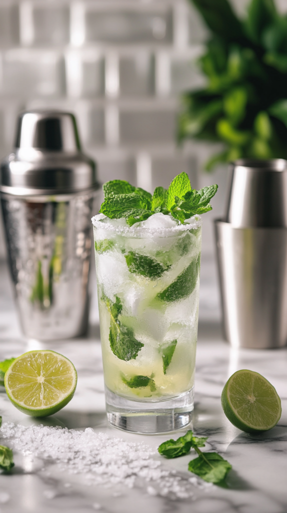 Klassischer Mojito ohne Alkohol mit Limetten, Minze und Eiswürfeln.