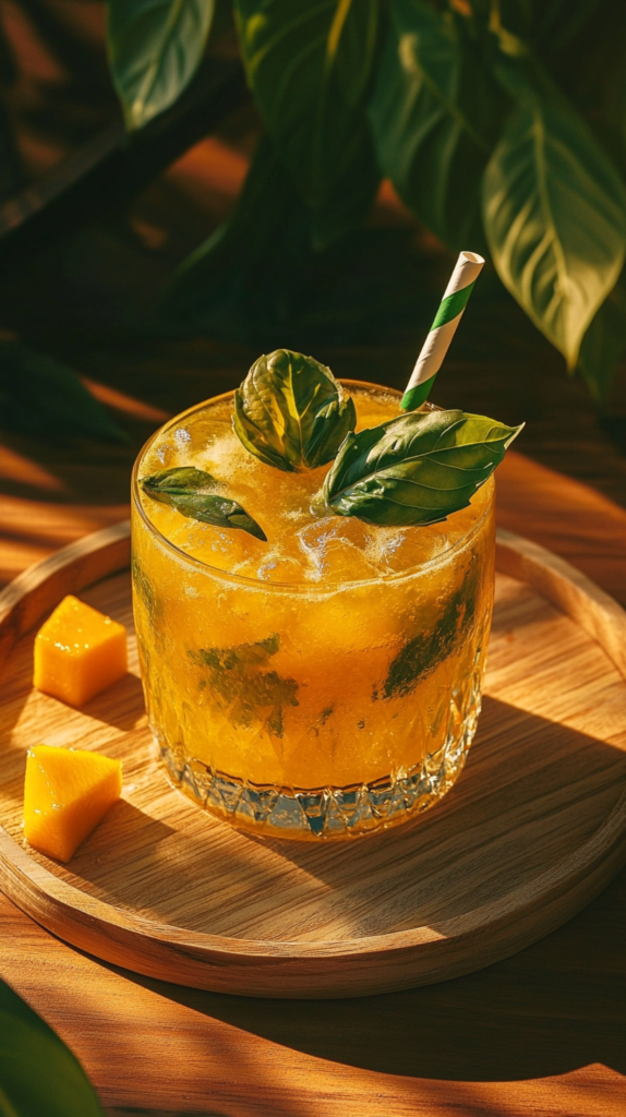 Mango-Schorle mit Basilikumblättern in einem bauchigen Glas auf einem Holztablett.