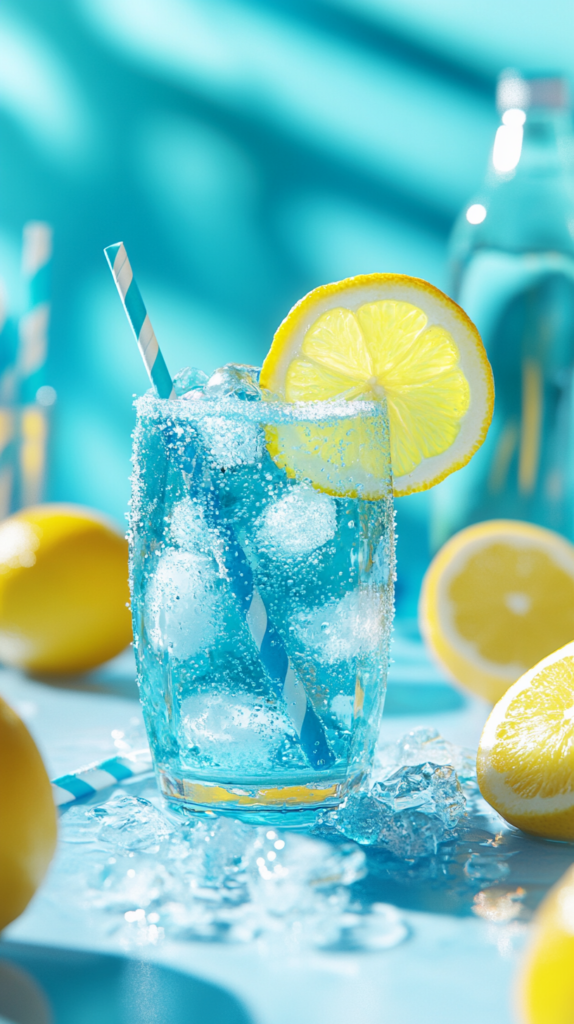 Knallblauer Sommerdrink mit Zitrone und Eiswürfeln im Glas.