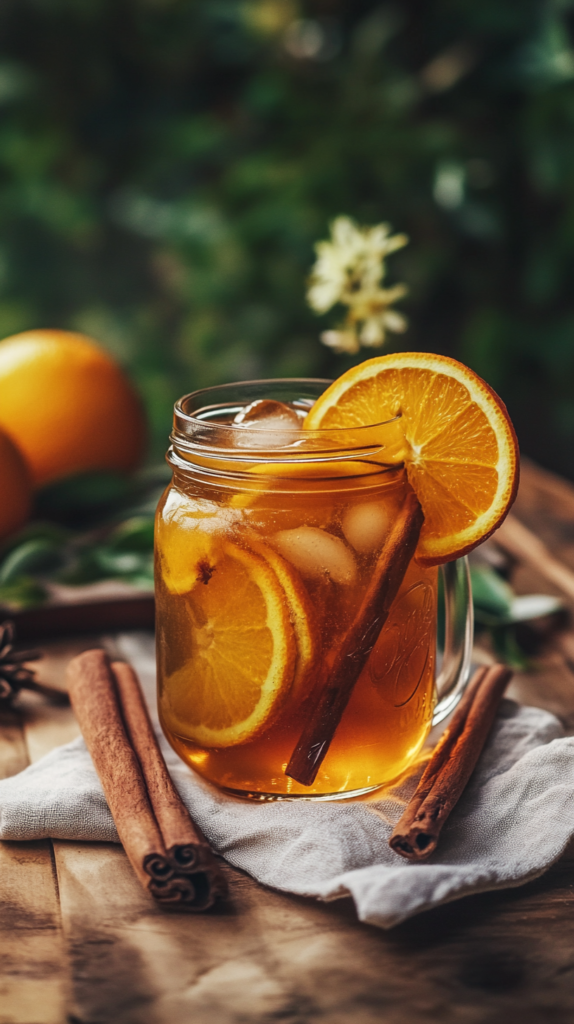 Orangefarbener Tee mit Vanillenote im Glas mit Orangenscheiben.