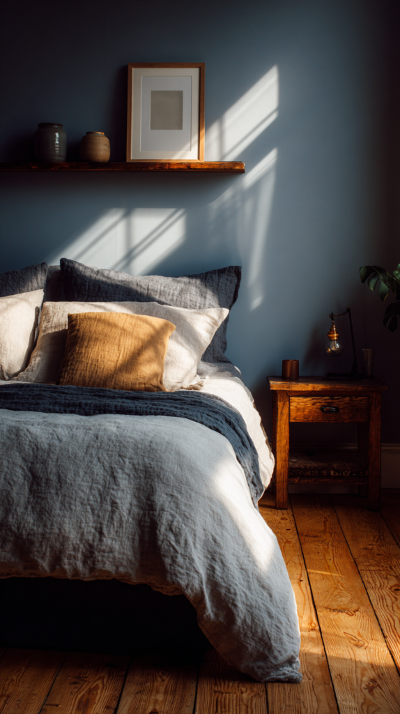 Schlafzimmer in Blaugrau mit Holzboden und Naturtextilien
