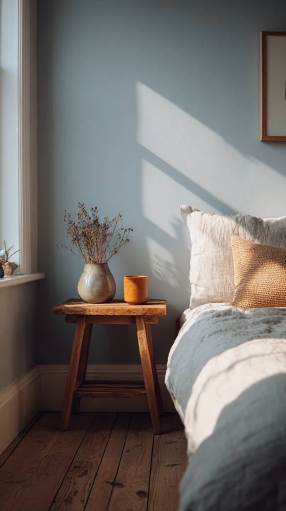 Schlafzimmer mit Wandfarbe in sanftem Nebelblau und hellem Holzrahmen